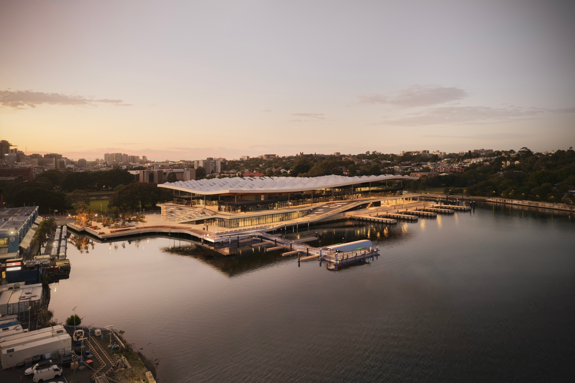 Official design image for the planned Fish Market ferry wharf at the new Sydney Fish Market.