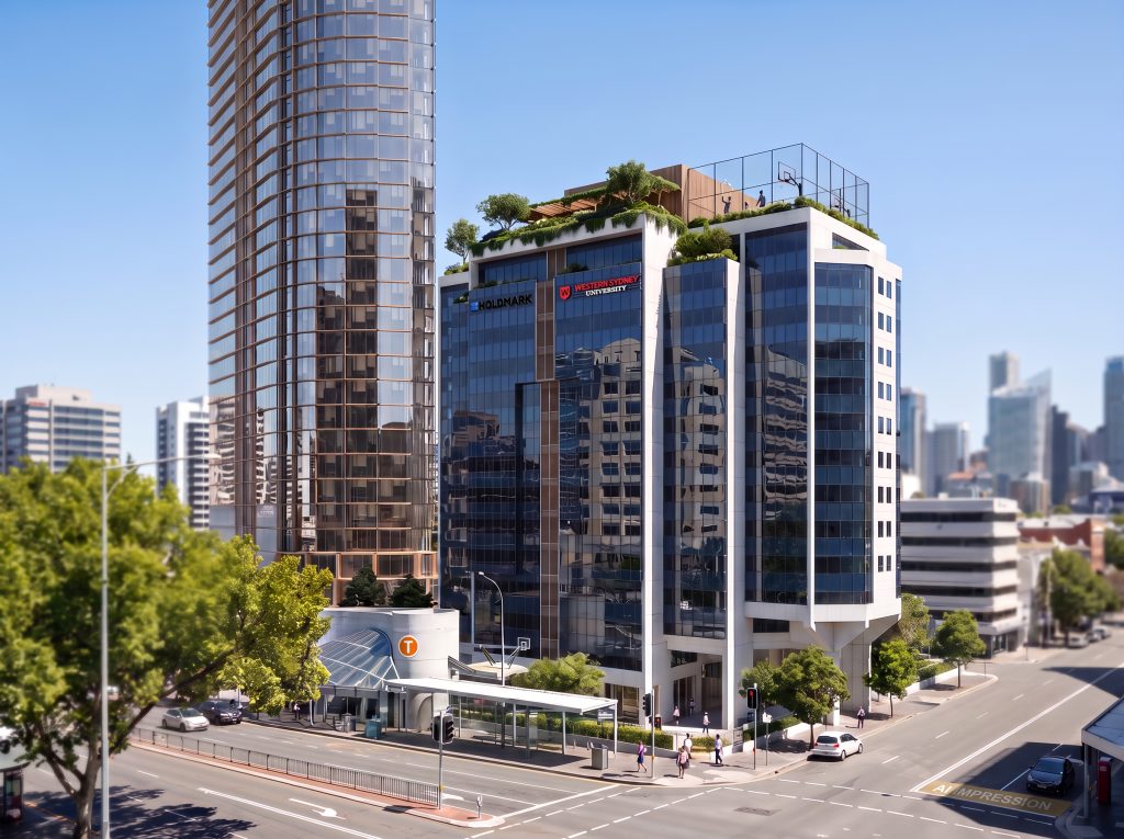 An official project impression shows the 10 Valentine Avenue building beside Parramatta Station that Holdmark and Western Sydney University plan to convert into student accommodation.
